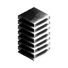 Isometric stack of textured cubes with a grainy black and white halftone pattern on a white background
