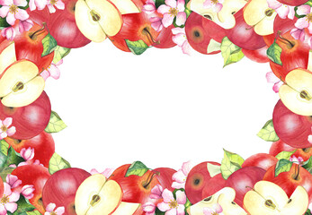 watercolor frame with apples, apple slices, and flowers, illustration for invitations, postcards, and design