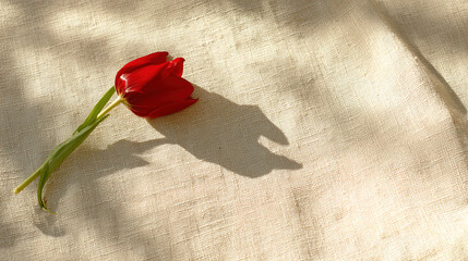 negative. A single red tulip in full bloom rests on beige linen, surrounded by soft shadows and negative space. gardening catalogs, home-decor guides, designed for home decor and floral branding.