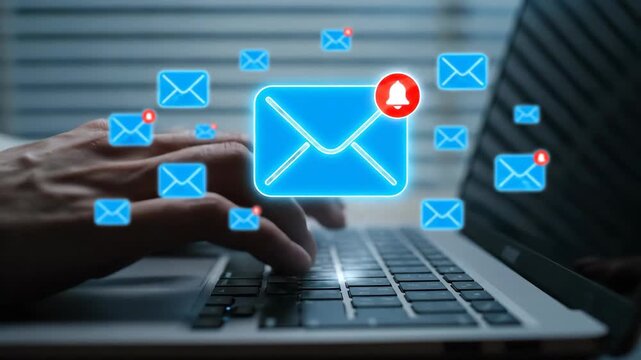 Closeup of hands typing on a laptop keyboard with a blue notification icon appearing on the screen, symbolizing digital communication and alerts