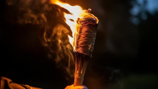 Burning tiki torch with bright flame illuminating dark background