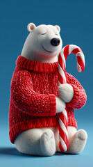 Cute 3D polar bear in red knitted sweater hugging candy cane on blue background. Concept of Christmas joy, winter warmth, and holiday cheer.