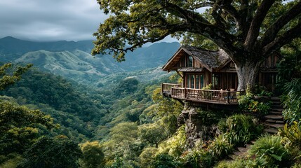 Stunning view of a rustic, multi-level wooden treehouse nestled high in a lush rainforest canopy, with misty green hills visible in the distance.