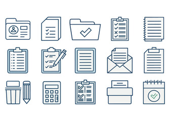 Office and Business Vector Icon Set Featuring Folders Documents Checklists Calculator and Stationery for Management Tasks