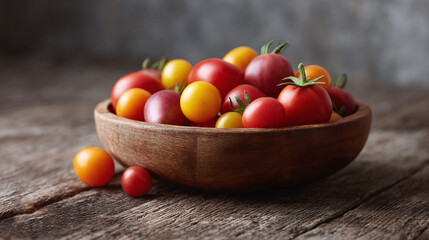 A wooden bowl brimming with colorful heirloom cherry tomatoes on a rustic wood surface. Perfect for food blogs, healthy eating concepts, or summer recipes.