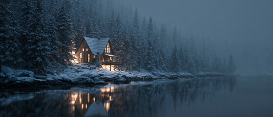 wooden cabin on lake at christmas