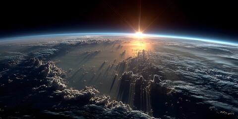 Stunning, ultra-wide-angle photo from space showing Earth's curvature, a brilliant sunrise, and the thin, glowing blue line of the atmosphere.
