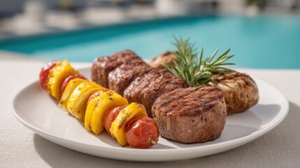 Grilled steaks and colorful vegetable skewers served on a plate against a serene poolside background for summer dining or outdoor gatherings