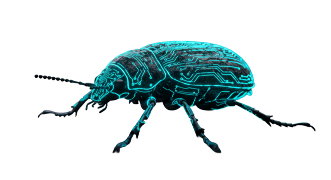 A futuristic, glowing blue circuit board beetle crawls on a wet, dark surface, symbolizing technology and natures fusion. 3D render