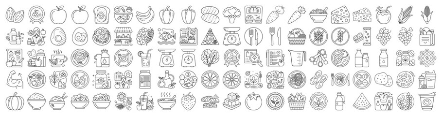 Outlined Icon Set Representing Healthy Eating, Nutrition, and Balanced Diet Concepts
