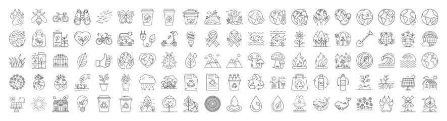 Collection of environmental and ecological icons symbolizing sustainability and conservation