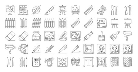 Diverse set of artistic tools and supplies in clean line art style