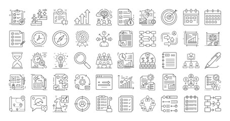 Collection of black and white line art business and management icons