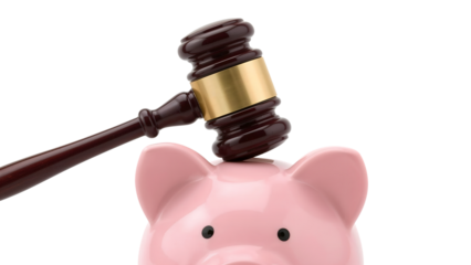 Judge gavel striking piggy bank symbolizing financial penalty, legal consequences, bankruptcy, debt, or courtordered savings seizure