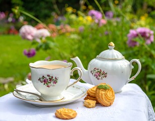 Fototapeta premium Delicate tea set in a garden setting