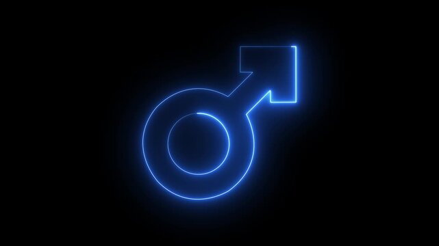 Neon male logo icon symbol on black background. Animated male gender symbol icon. male sign of gender equality icon. A simple shining motion graphic element.