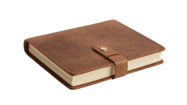 Brown leather journal with strap and button closure isolated on the transparent background  vintage notebook for writing, sketching, or travel memories
