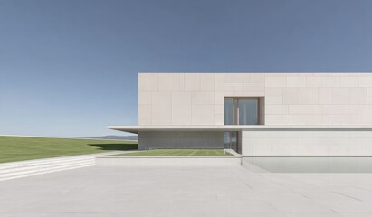 Fototapeta premium Modern minimalist building with clean lines and large glass window under clear sky