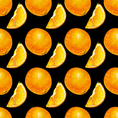 Seamless hand-drawn pattern with oranges. Watercolor illustration on a dark background. Botanical seamless background with bright fruits, whole and pieces, for packaging, wallpaper, textiles
