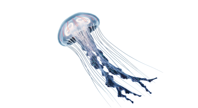 A translucent, bioluminescent jellyfish gracefully floating in the dark ocean depths, its delicate tentacles trailing behind, showcasing the beauty and mystery of marine life. 3D render
