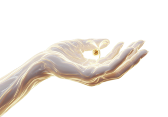 Glowing golden light in open hand isolated on transparent background with mystical energy effect. 3D render