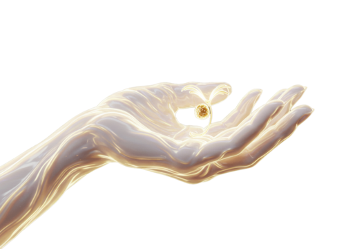 Glowing golden light in open hand isolated on transparent background with mystical energy effect. 3D render