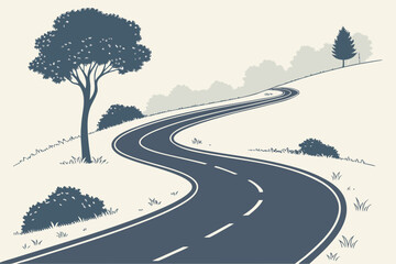 Minimal vector illustration of winding road with trees and hills