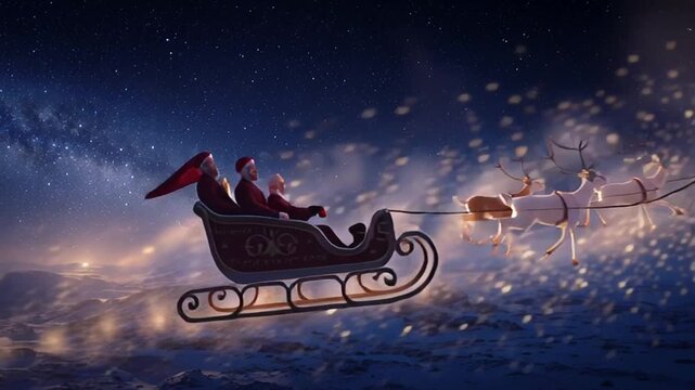 Santa Flying on Sleigh with Reindeer Across a Magical Starry Night Sky, Generative AI
