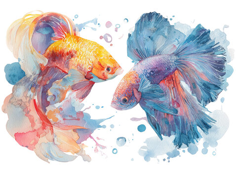 Watercolor rendition of two vividly colored betta fish gracefully swimming on isolated transparent