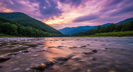 Beautiful golden hour background with river stone and hill 