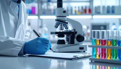 Scientist in lab writing notes with microscope and test tubes for research