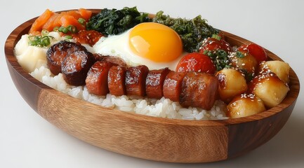 A wooden bowl filled with rice, grilled sausage, a sunny-side-up egg, vegetables, and sesame-coated potatoes