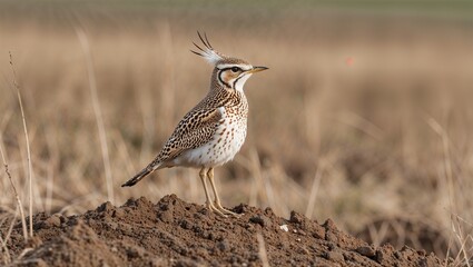 Crested lark standing on dirt mound at edge of field