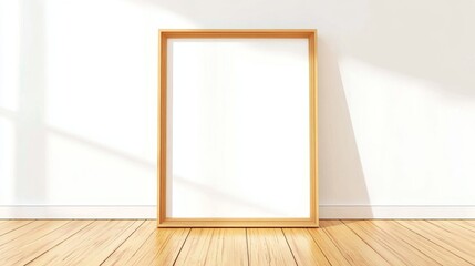 Empty wooden picture frame leaning against a white wall on a wooden floor