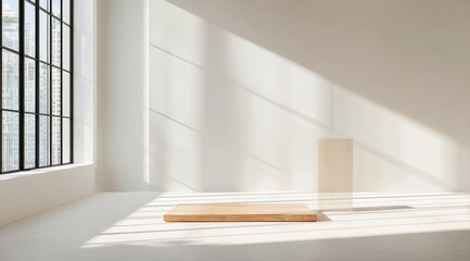 Minimalist interior with sunlight casting shadows on a white wall and floor, featuring a wooden block and a rectangular object near a window.