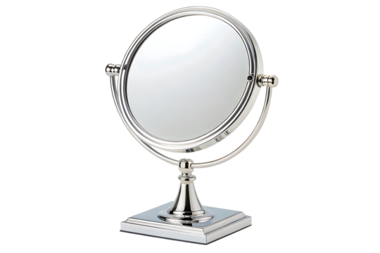 Shiny chrome vanity mirror reflects beauty