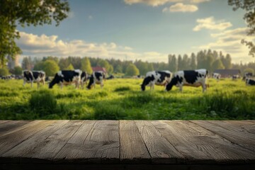Wooden table top with a pastoral view of grazing cows in a green meadow under a partly cloudy sky