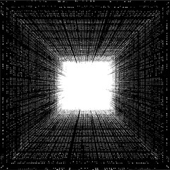 Abstract perspective view of a dark tunnel with a bright square light at the end of the structure