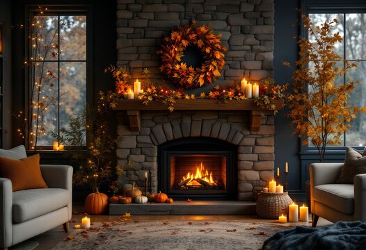 Cozy living room with a lit fireplace decorated with autumnal wreath and candles in warm orange tones.