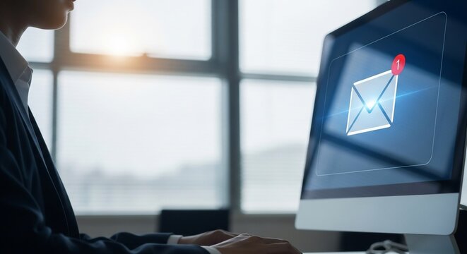 Professional checking new email notification on computer screen in modern office, urgent communication concept - Powered by Adobe