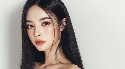 Naklejka premium Elegant young woman with long black hair and natural makeup poses against a light background
