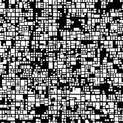Complex abstract pattern of white rectangles and squares on a black background creating a chaotic design