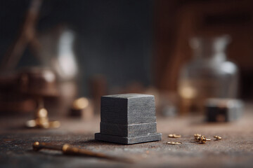 Elegantly staged product shot with a central dark grey, wooden pedestal for showcasing objects. Antique aesthetic for advertising jewelry or watchmaking tools.