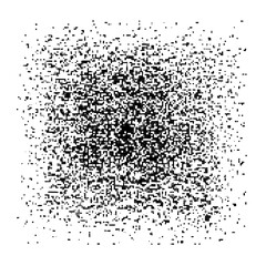 Dense abstract pattern of small black squares and dots forming a textured square shape on white background