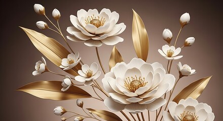 Elegant white and gold artificial flowers with delicate buds and leaves, a luxurious floral arrangement