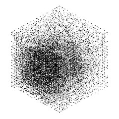 Abstract cube structure with dense black dots and connecting lines creating a complex three dimensional form
