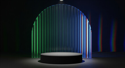 Abstract 3D Podium with Fluted Glass Arch in Jewel Tones for Product Display