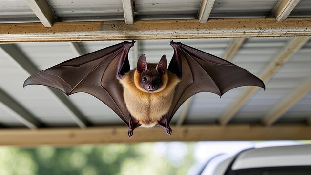 Eastern bent-wing bat flying under carport frame