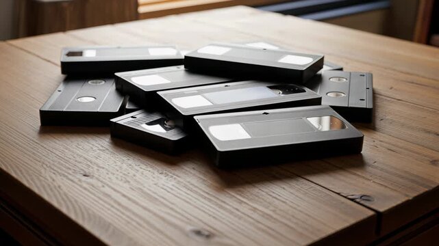 Collection of vintage VHS tapes stacked on rustic wooden table. These VHS tapes showcase nostalgic films and home videos from past decades.