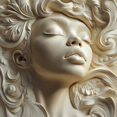 A 3D portrait, a close-up bas-relief of a woman in vanilla and beige tones. Decor for exhibition and presentation interiors for advertising women's products, a template for greeting and romantic cards